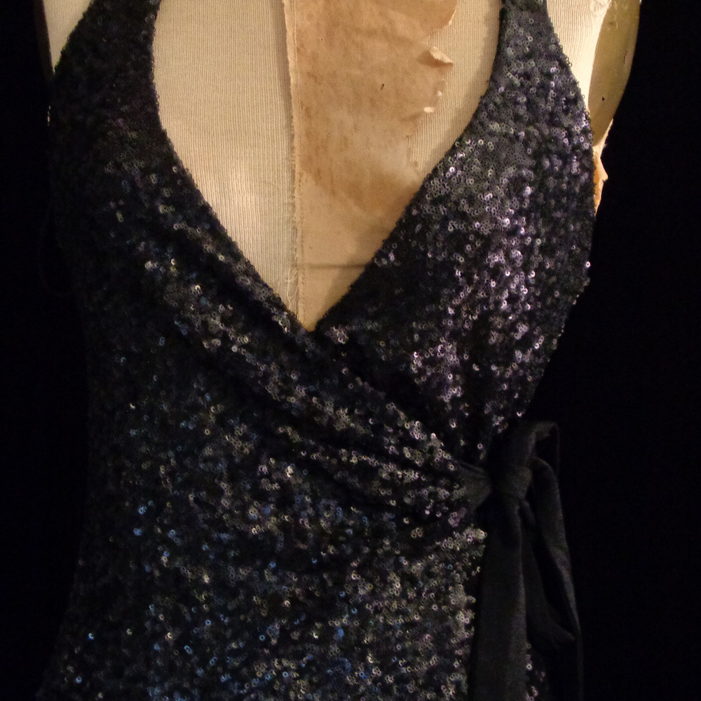 DRESS THE POPULATION MATTE BLACK SEQUIN WRAP GOWN - Picture 2 of 3